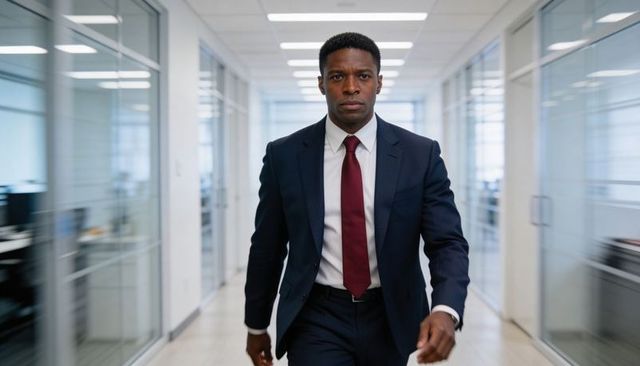 Confident Black Executive Walking Through Modern Office Corridor in Navy Suit and Red Tie