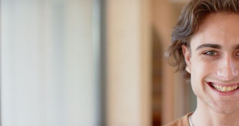 Smiling Woman Leaning Against Glass, Minimalist Style Portrait