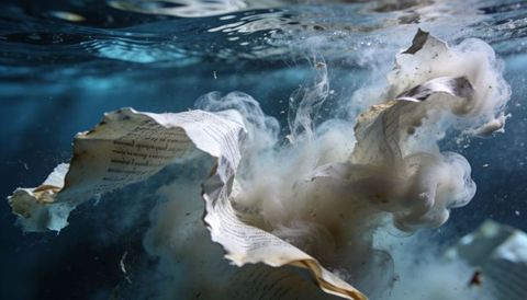 Floating torn manuscript pages curling underwater releasing ink clouds and fibers