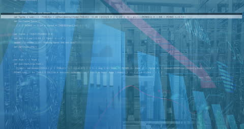 Programming Code Overlaid on Modern Data Server Room