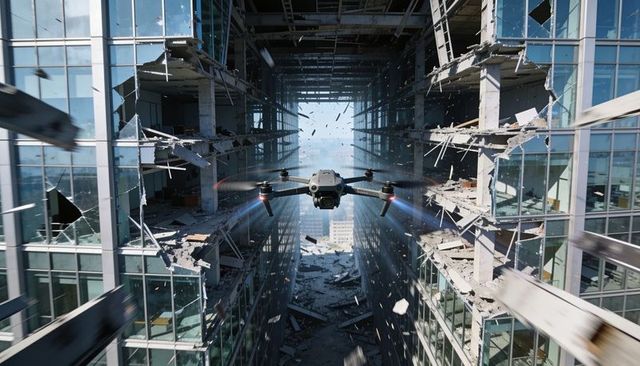 Autonomous drone navigating narrow canyon through glass skyscrapers with flying debris