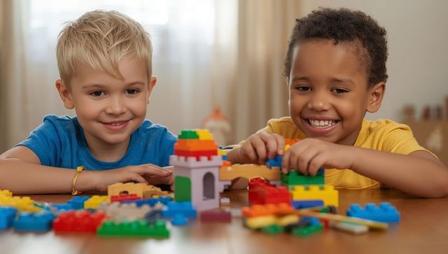 Boys Creating Colorful Brick Castle at Home