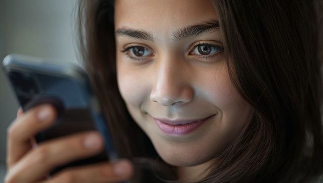 Teen girl smiling while holding smartphone near window soft natural light closeup
