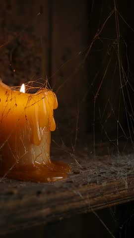 Burning Beeswax Candle Oozing Wax on Rustic Wood Shelf, Flickering Flame, Cobwebbed Embers