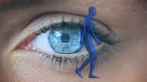 Futuristic Human Figure Reflected in Eye Overlay