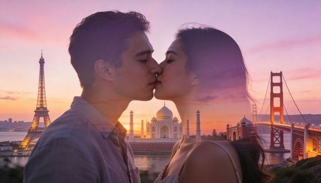 Kissing couple blending eiffel tower, taj mahal and golden gate bridge at sunset