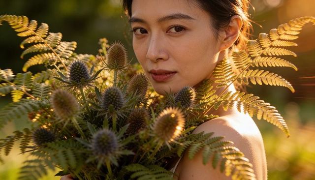 Asian woman holding thistle and fern bouquet, backlit golden hour portrait with lens flare
