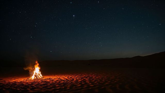 Desert Campfire Under Starry Sky Lighting Rippled Sand Dunes with Warm Bonfire Glow Solitude