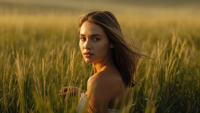 Young Woman in Wind-Swept Meadow at Golden Hour