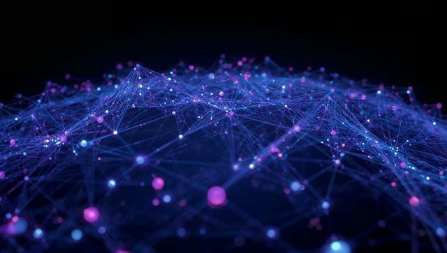 Pulsing neon network mesh flowing over dark void glowing nodes and cyber lattice