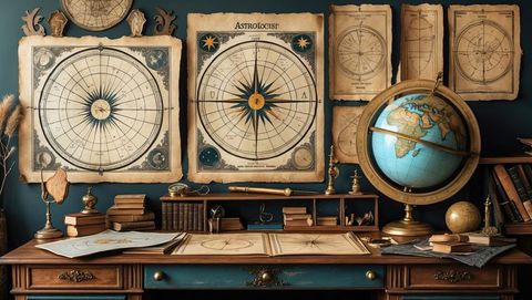 Astrologist's study desk with vintage globes and charts