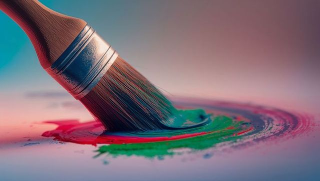 Macro bristle brush painting green and red swirls on studio panel with textured strokes