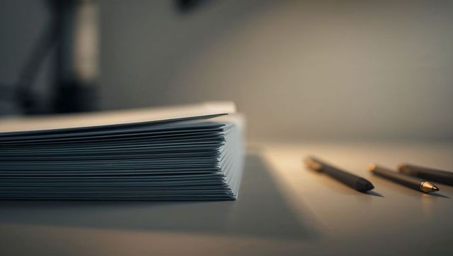 Stacking white paper beside pens under warm desk lamp on minimal workspace with copy space