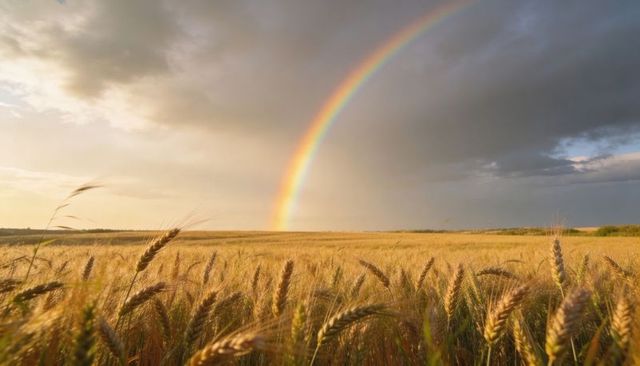 Golden Wheat Field at Golden Hour with Vivid Arching Rainbow Across Stormy Sky