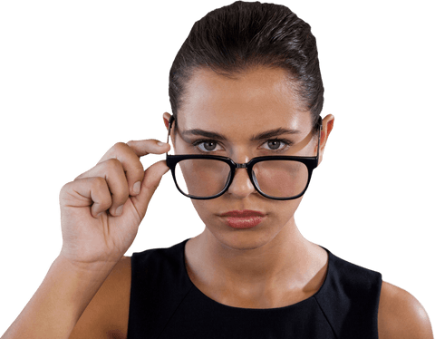 Confident Businesswoman Adjusting Glasses on Transparent Background
