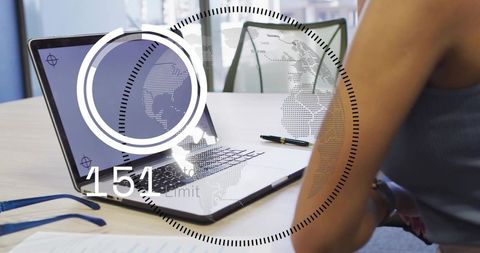 Woman typing on laptop with futuristic hud overlay, dotted world map and workspace elements