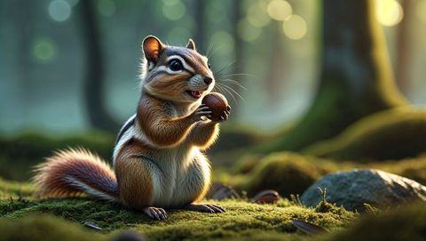 Chipmunk Holding Nut on Mossy Forest Ground in Soft Sunlight
