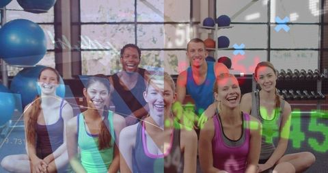 Smiling fitness class wearing neon activewear with digital overlay in gym