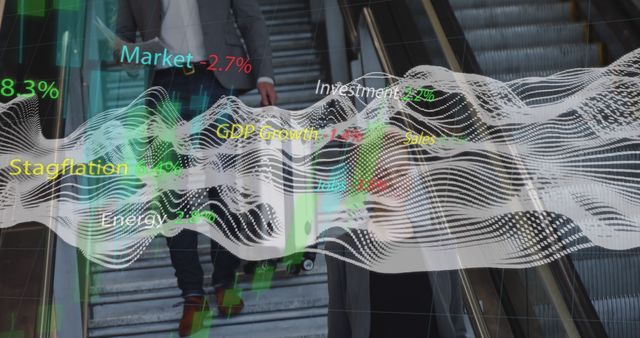 Business trend analytics overlay with people using escalator showcases financial data and stock market trends. Can be used for articles, reports, websites, presentations related to business, economy, and stock market analysis, highlighting real-time data and modern technological integration in financial insights.