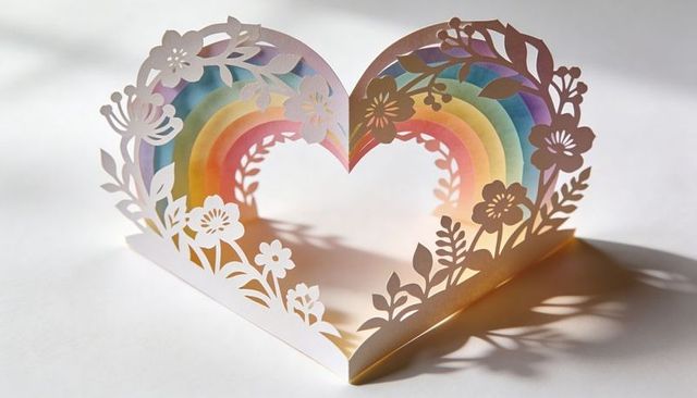 Heart shaped pop-up card featuring floral lace and layered rainbow arcs