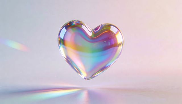 Floating iridescent glass heart casting rainbow reflections over soft pastel background