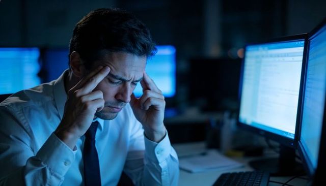 Overworked office worker rubbing temples during late-night coding at dual-monitor workstation