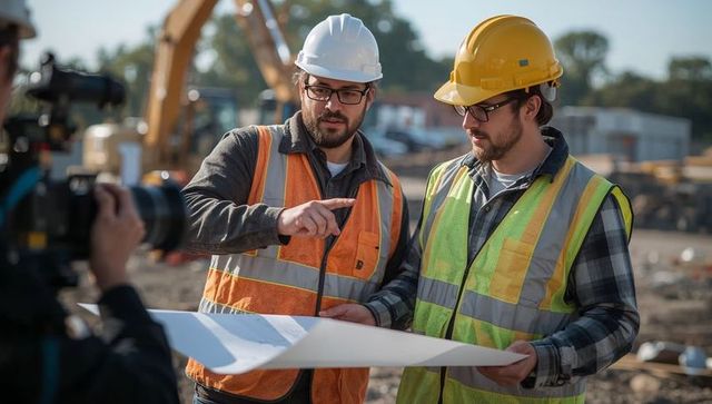Construction workers pointing at blueprint on site, wearing hard hats and vests, planning