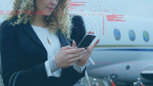 Businesswoman engaged on smartphone, with futuristic digital data overlay, suggesting a tech-savvy and connected lifestyle. Suitable for visuals relating to business travel, tech innovation, remote work, or telecommunications teams discussing strategies during trips.