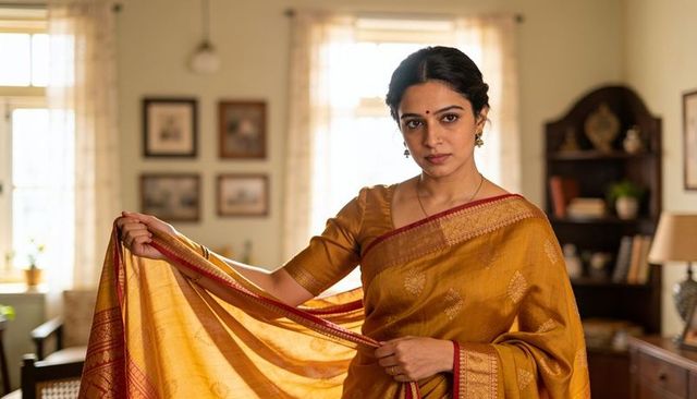 Indian woman holding sari pallu in living room wearing traditional silk sari and bindi