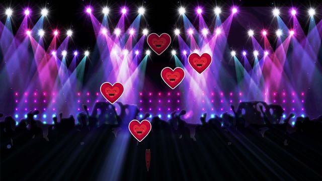 Bright concert stage features vibrant light beams shining over animated floating hearts, with an energetic crowd in the foreground. Useful for event promotions, entertainment themes, celebrations, and social media posts related to concerts or love. Perfect for designing party invites, banners, and festive event flyers.