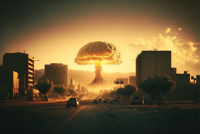 Depicting a dramatic scene with a nuclear explosion mushroom cloud dominating the city skyline at sunset, this image conveys the stark contrast between beauty and destruction. Suitable for use in dystopian-themed projects, sci-fi stories, disaster preparedness programs, or artwork invoking powerful emotions. Illustrates concepts of devastation, end times, and the awe-inspiring force of nature.
