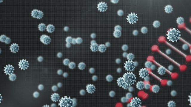 This video features COVID-19 particles floating in a dark background with a spinning DNA strand in the foreground. It is a digital illustration that effectively conveys concepts related to biology, the ongoing pandemic, and health. This can be used for educational materials, scientific presentations, healthcare websites, or news articles related to the virus or genetic research.