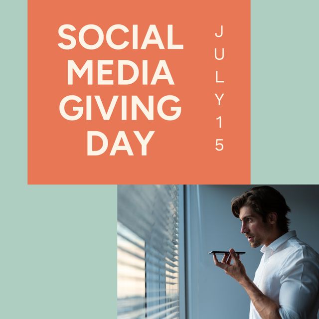 This image features a young Caucasian man in casual wear using a smartphone by a window. The orange block with text 'Social Media Giving Day' and the date 'July 15' makes it ideal for promoting social media awareness and charity events. Useful for organizations supporting giving initiatives, social media marketing and raising awareness.