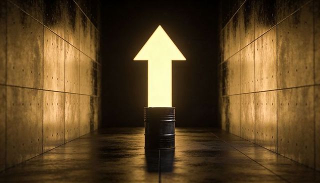 Glowing upward arrow illuminating industrial corridor with metal barrel
