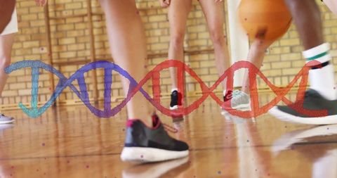 Teen Athletes Dribbling Basketball over DNA Design in Gym