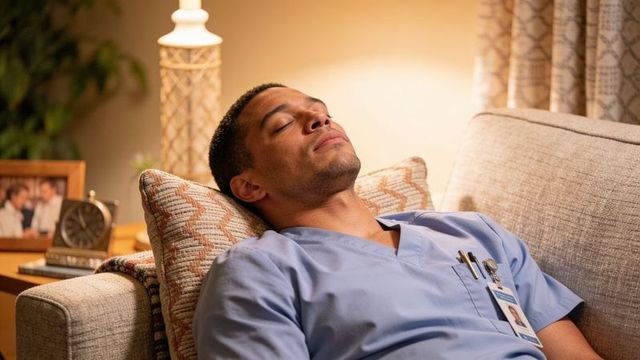 Night-shift clinician resting on sofa after long shift wearing scrubs and id badge