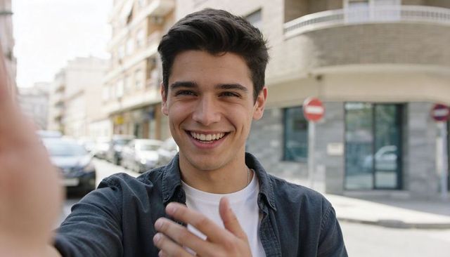 Smiling young man reaching toward camera on european street, urban selfie moment