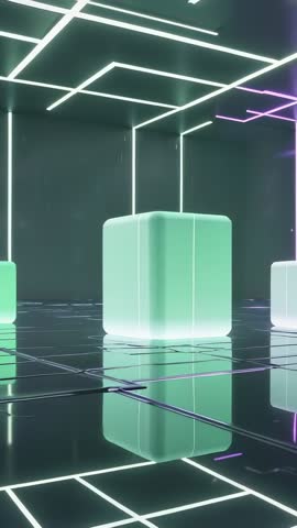 Vertical neon cube loop shifting colors with reflective floor in futuristic grid room