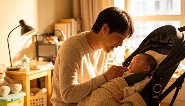 Father gently touching sleeping baby in stroller during golden hour home bonding
