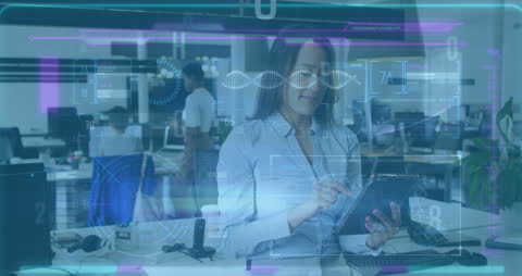 Innovative Businesswoman Using Tablet in Futuristic Office Environment