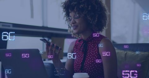 Woman Interacting Smartphone, Digital 6G Interface Overlay