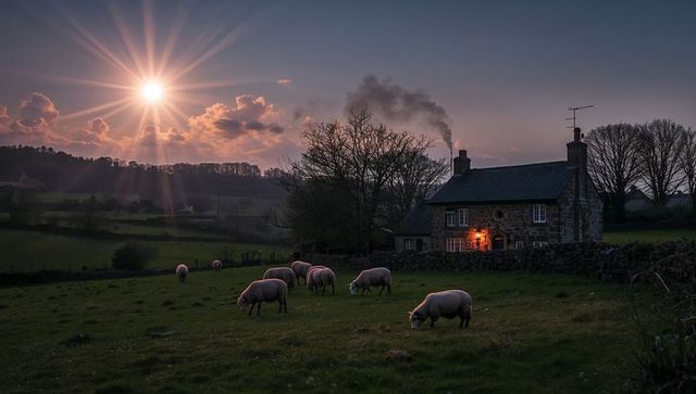 Grazing sheep at dusk near lit stone cottage with sunburst and smoke rising
