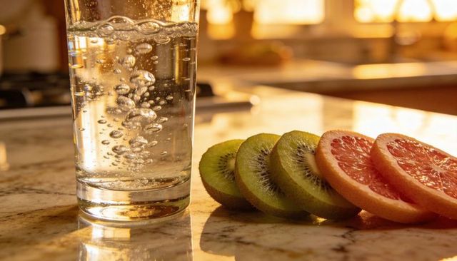 Sunlit sparkling water bubbling beside sliced kiwi and grapefruit on marble countertop
