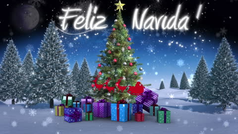 Feliz Navidad Text with Snowfall Over Christmas Tree