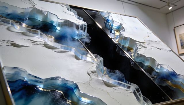Layered resin river abstract wall art featuring translucent blue ribbons, black channel, gold leaf