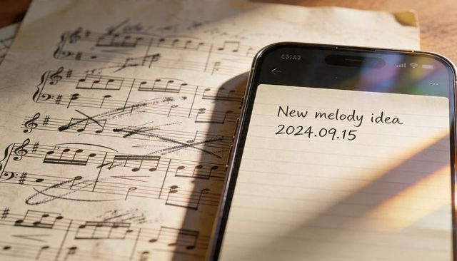 Smartphone notepad showing new melody idea on screen resting on marked sheet music