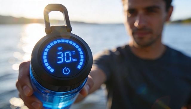 Smart led water bottle cap showing 30°c on ring display, carabiner, man holding by lake