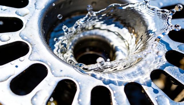 Sunlit water vortex swirling into circular metal drain grate with crystal splash droplets