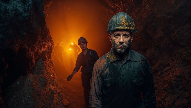 Determined Miner in Dimly Lit Tunnel, Emphasizing Hard Work and Rugged Spirit