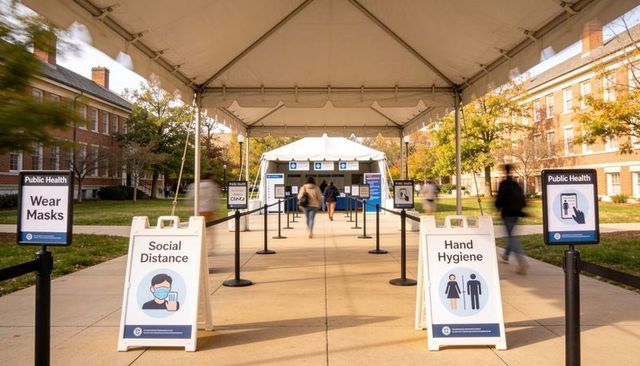 Guiding students toward campus health screening tent with social distancing signage